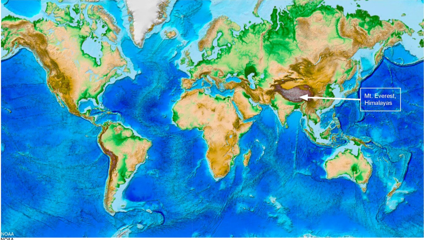 NOAA world-relief map in OpenSciEd 6.4 showing continental mountains and ocean-floor ridges, with an OpenSciEd arrow identifying Mount Everest in the Himalayas.