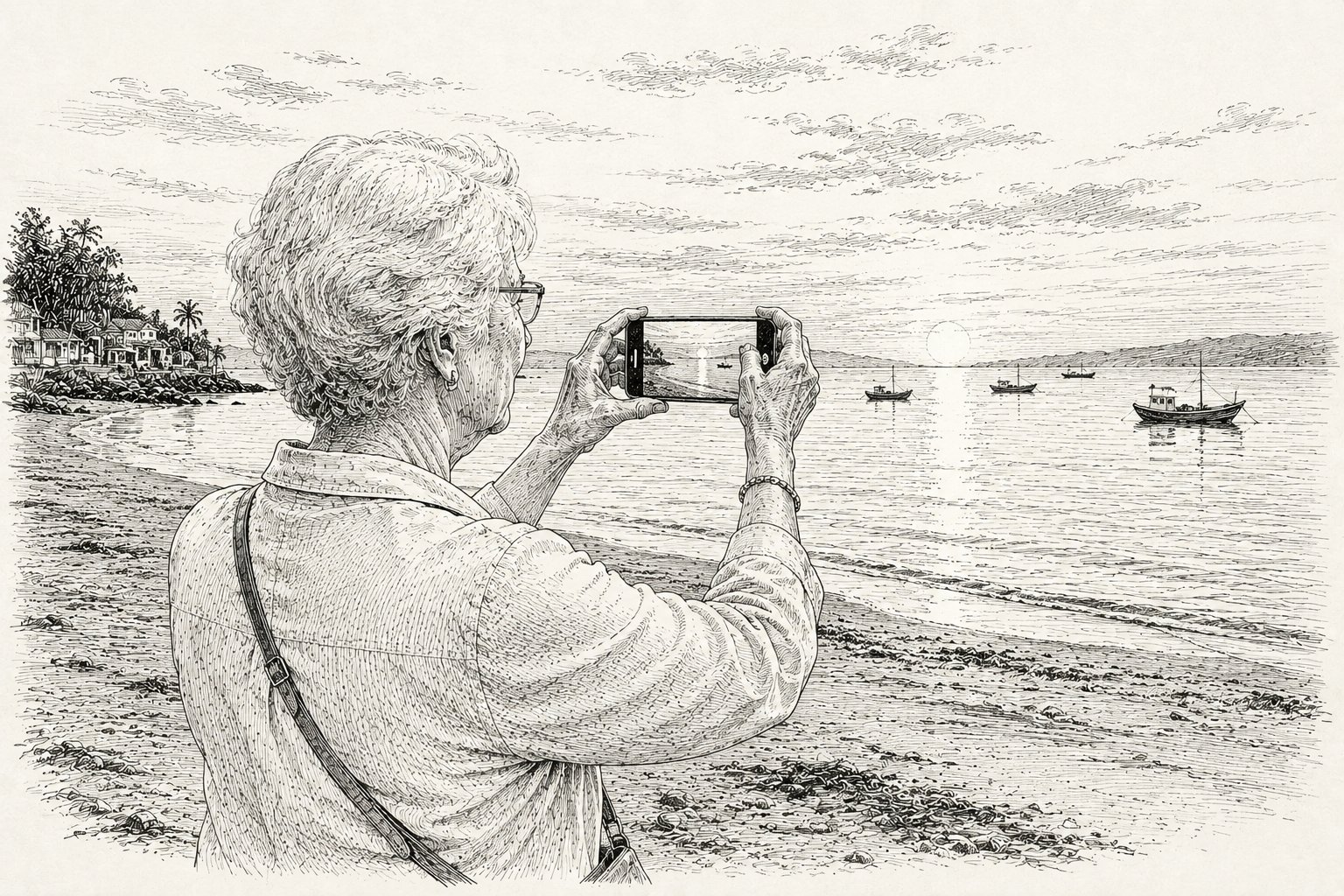 A grandmother filming a ten-second sunset on a beach in Da Nang.