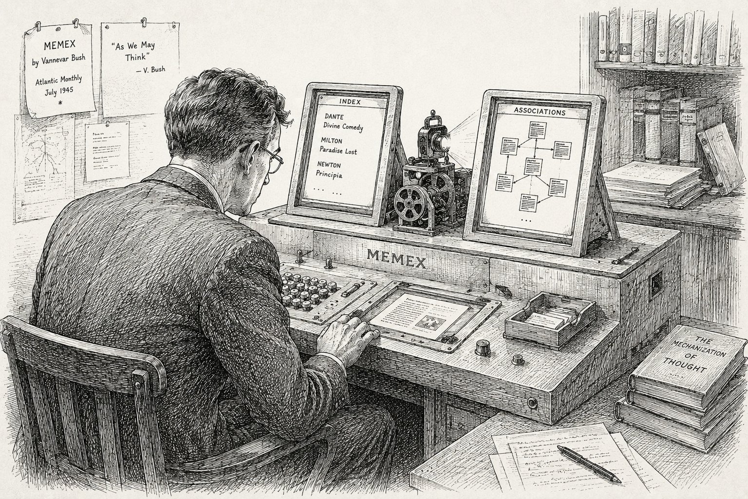 Vannevar Bush's imagined memex (1945) — a desk that could link any document to any other.