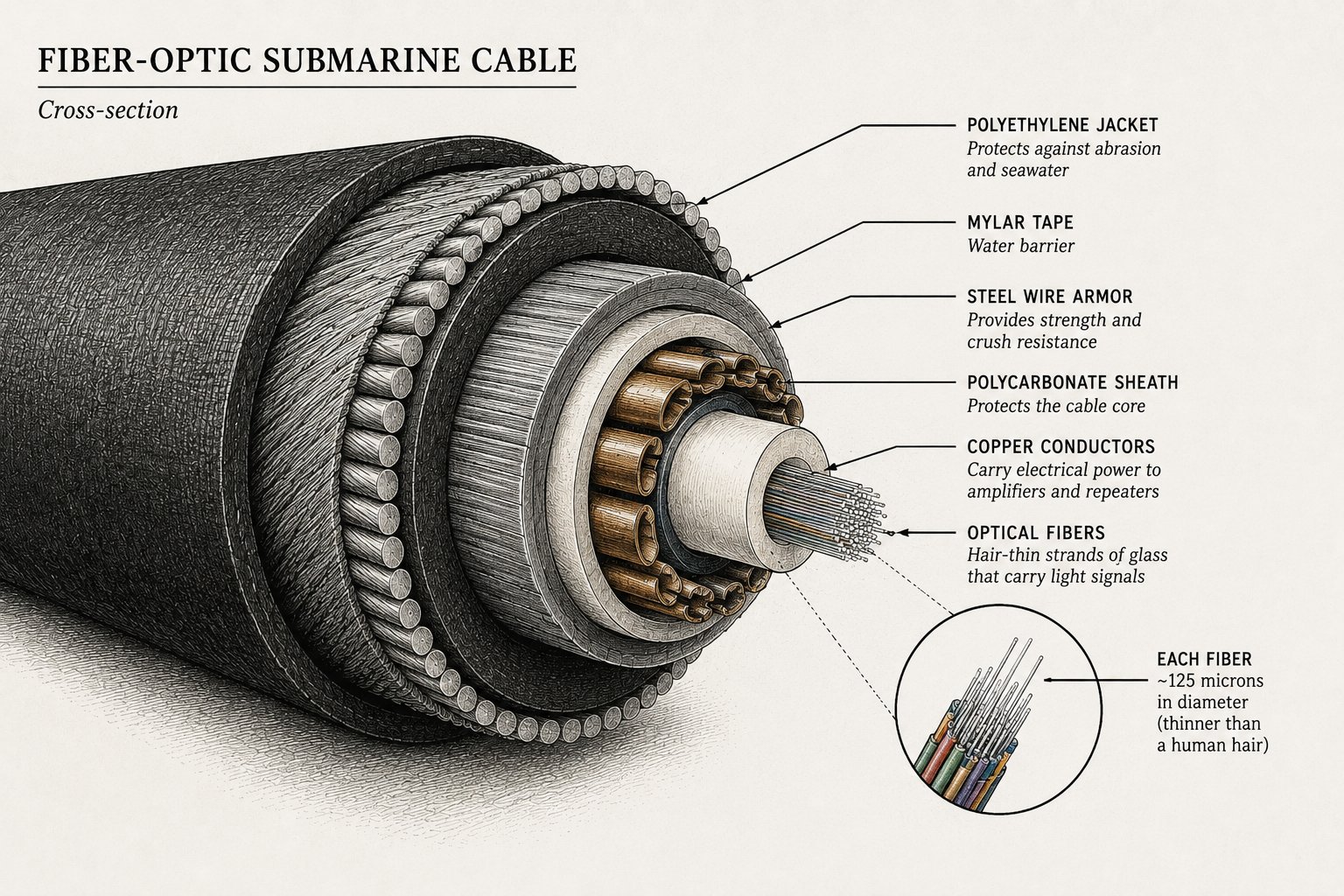 Inside an undersea cable: glass thinner than a hair, wrapped in steel and tar.