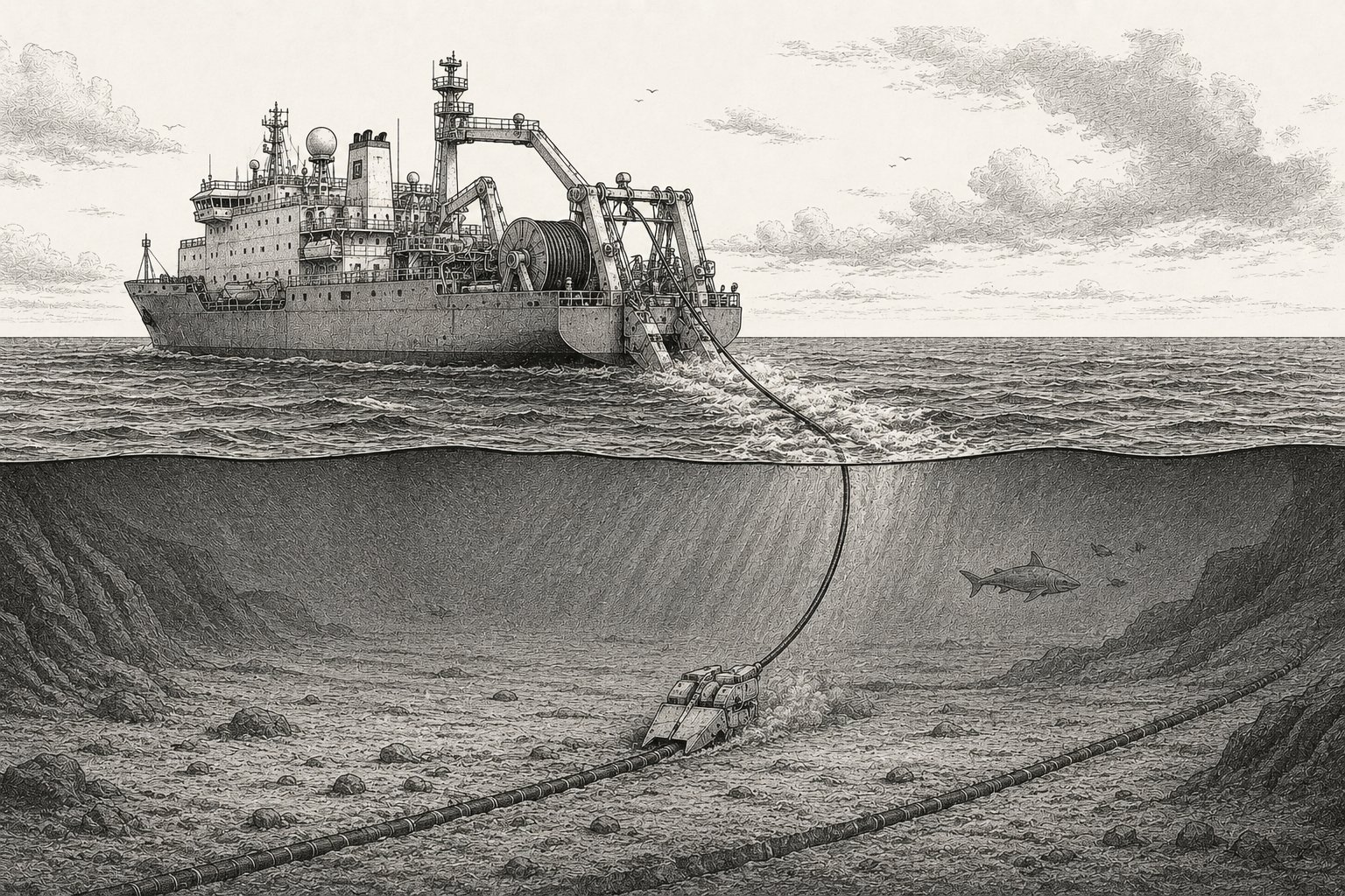 A cable ship pays out the wire across the ocean floor.